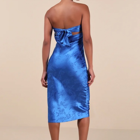 Lulus Impressive Favorite Blue Jacquard Strapless Midi Dress - Size L - Picture 2 of 5